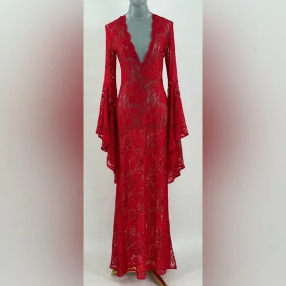 🆕 ALEXANDRA MIRO 🧿 NWOT Kara Long Boylen Sleeve Kaftan, Red Lace - Sz XS - Picture 2 of 14